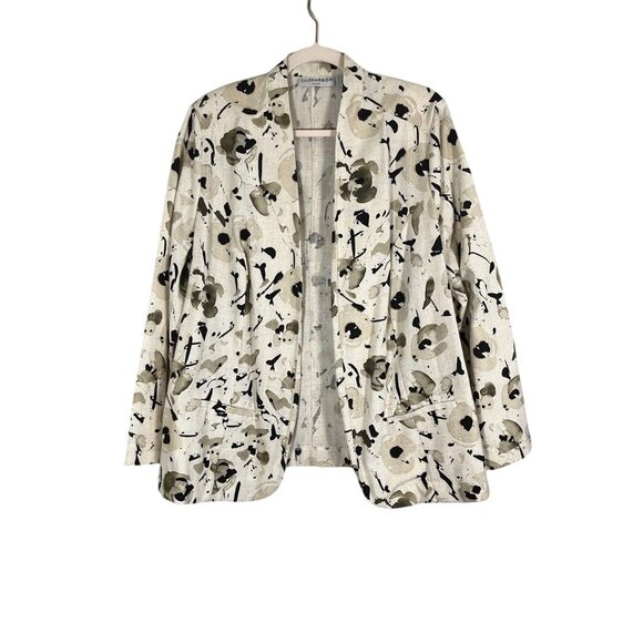 Retro Linen Floral Blazer Tan 16W Work Wear Classic Preppy Chic Neutral Artsy - Picture 1 of 9